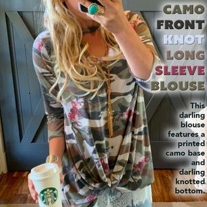 Camo Front Knot Long Sleeve Blouse